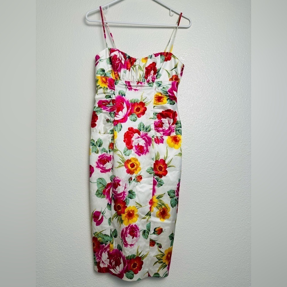 David Meister Satin Floral Spaghetti Strap Bodycon Rusched Mini Dress Size 2